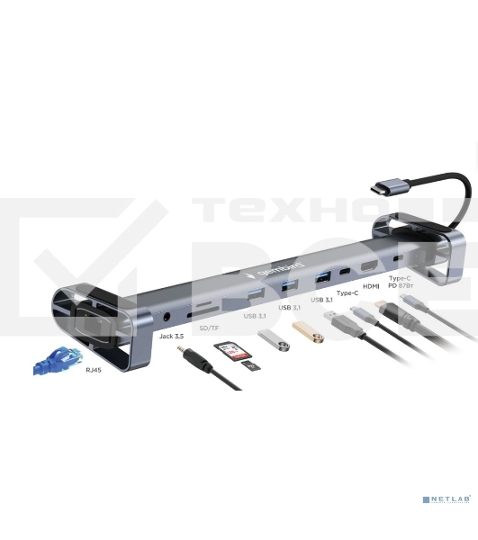 Док-станция Type-C Gembird UHB-D5, 10в1: 3xUSB3.1, Type-C PD87W, Jack 3.5, SD/TF, HDMI, RJ45, Type-C, кабель 14см, алюминий