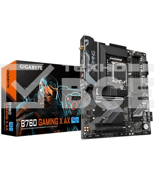 Материнская плата Gigabyte B760 GAMING X AX, LGA 1700, Intel B760, 4xDDR5, 4xSATA, 3xM.2, 1xPCI-E 4.0 x16, 2xPCI-E 3.0 x1, 1xHDMI, 1xDP, 1x 2.5Gb LAN, 1xUSB 3.2 Gen 2, 1xUSB 3.2 Gen 1, 5xUSB-A 2.0, 6x3.5 мм, 7.1, ATX
