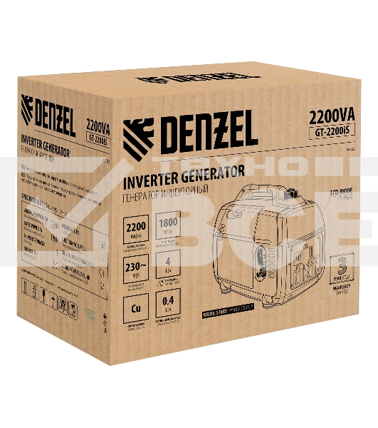 Генератор инверторный GT-2200iS, 2,2 кВт, 230 В, бак 4 л, закрытый корпус,  ручной старт Denzel