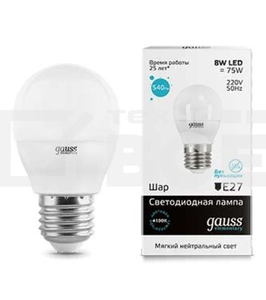 Светодиодная лампа GAUSS 53228 LED Elementary Шар 8W E27 540lm 4100K 1/10/100 0