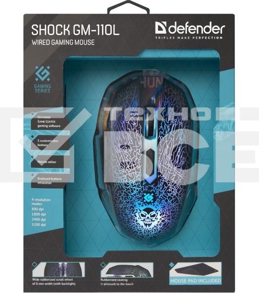 Мышь проводная Defender Shock GM-110L черный, 3200 dpi, USB, кнопки - 6