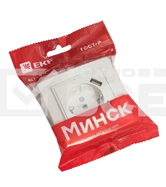 Розетка 1-местная СП с/з 16А белая с защ. штор. с 2 USB 2,1А EKF Минск