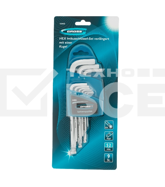 Набор ключей имбусовых Gross 16403 HEX, 1,5–10 мм, S2, 9 шт., удлиненные с шаром, сатинированные