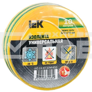 Изолента Iek UIZ-13-10-10M-K52 0,13х15 мм желто-зеленая 10 метров ИЭК