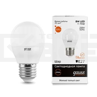 Светодиодная лампа LED GAUSS 53218 Elementary Шар 8W E27 520lm 3000K 1/10/100 0