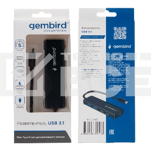 Разветвитель USB3.1 Gembird UHB-C425, 2xUSB, 2xType-C, с доп.питанием (порт Type-C), кабель Type-C 19см