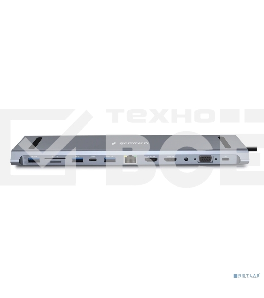 Док-станция Type-C Gembird UHB-D6, 12в1: 2xUSB3.1, USB2.0, RJ45, Type-C PD87W, Jack 3.5, SD/TF, 2xHDMI, VGA, Type-C, кабель 23см, алюминий
