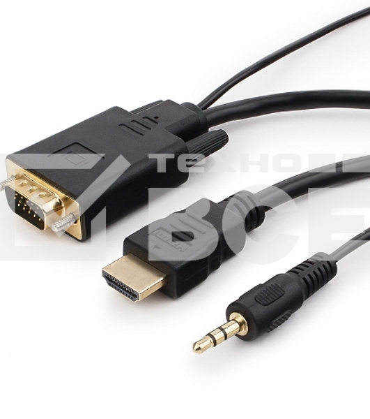 Кабель HDMI->VGA Cablexpert A-HDMI-VGA-03-5M, 19M/15M + 3.5Jack, медь, позол.разъемы, 5м, черный, пакет