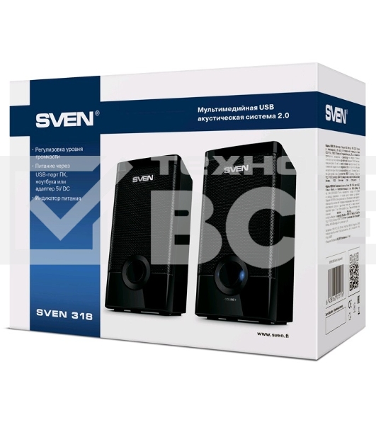 Колонки Sven 318 черный {USB-порт ПК, ноутбука или адаптер 5V DC}