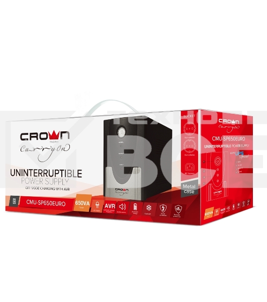 Источник бесперебойного питания CROWN ИБП CMU-SP650EURO {650VA, металл, 1x12V/7AH, розетки 2*EURO+1*IEC bybass} CM000001490