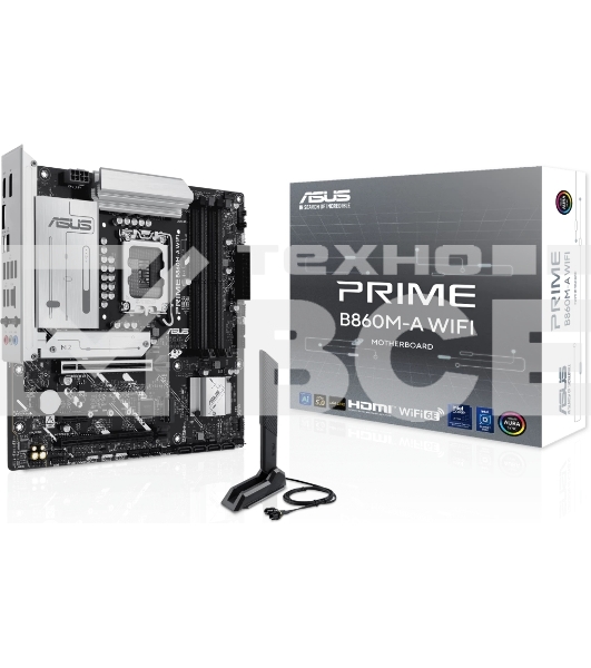 Материнская плата ASUS PRIME B860M-A WIFI, LGA 1851, Intel B860, 4xDDR5, 4xSATA, 2xM.2, 1xPCIe 5.0 x16, 1xPCIe 4.0 x16, 1xPCIe 4.0 x1, 2xDP, 1xHDMI, 1x 2.5Gb LAN, 1xUSB-C 20Gbps, 1xUSB-A 10Gbps, 2xUSB-A 5Gbps, 4xUSB-A 2.0, 3x3.5 мм, 7.1, micro-ATX.