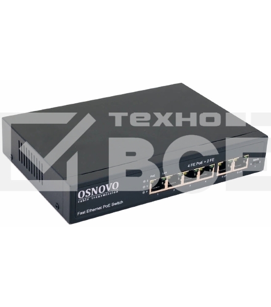 Коммутатор OSNOVO SW-20600(80W) PoE коммутатор 6 портов, 4 PoE порта 10/100 Base-T, 2*10/100 Base-T Uplink, до 30W на порт, суммарно до 80W