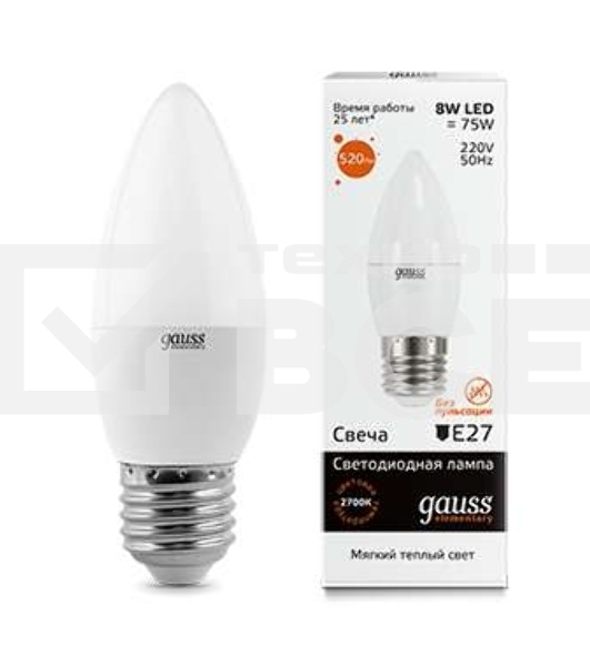 Лампа светодиодная LED Elementary Candle E27 8Вт 3000К Gauss 33218