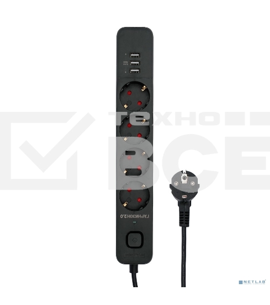 Сетевой фильтр Гарнизон 2.0 Мультипорт EPS-4-U3-B-2, 4 р, 10А, 3xUSB, 2м, ур.защиты 2+, черный, пакет