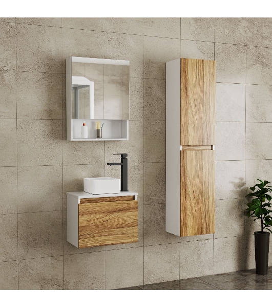 Комплект для ванной, 4 предмета (Тумба Bau Dream Blackwood 50, раковина BAU Mini 24х24, смеситель для раковины высокий Hotel Black, черный, выпуск клик клак, черный)