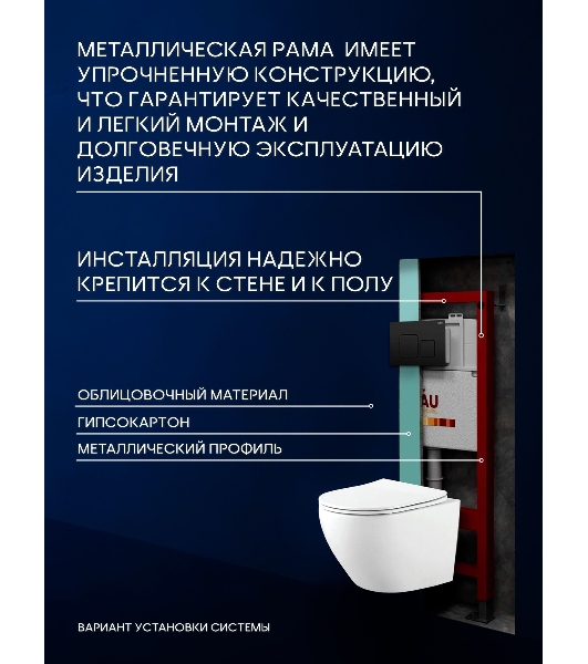 Комплект BAU 6 в 1: инсталляция BAU PRO, унитаз подвесной Rio Luxe 52*35, сиденье микролифт, кнопка смыва BAU Soul для инсталляции, черная матовая