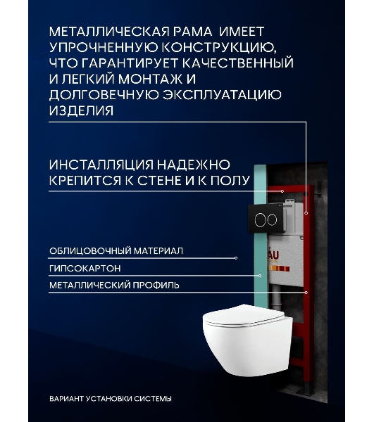 Комплект BAU 6 в 1: инсталляция BAU PRO, унитаз подвесной Rio Luxe 52*35, сиденье микролифт, кнопка смыва BAU Dream для инсталляции, черный матовый
