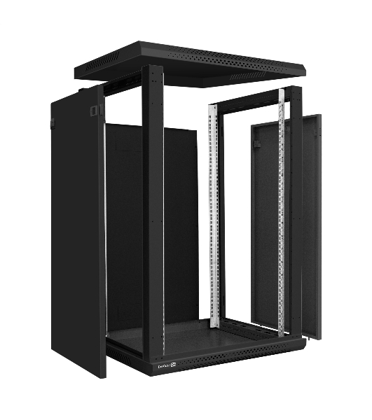 Шкаф телекоммуникационный 19' настенный 18U ExeGate EC-WM-18U.600.M.BLACK (19”, 18U, 600x600x901mm (ШхГхВ), передняя дверь металл, съемные боковые панели, пыле- и влагозащита IP23, черный RAL 9004)