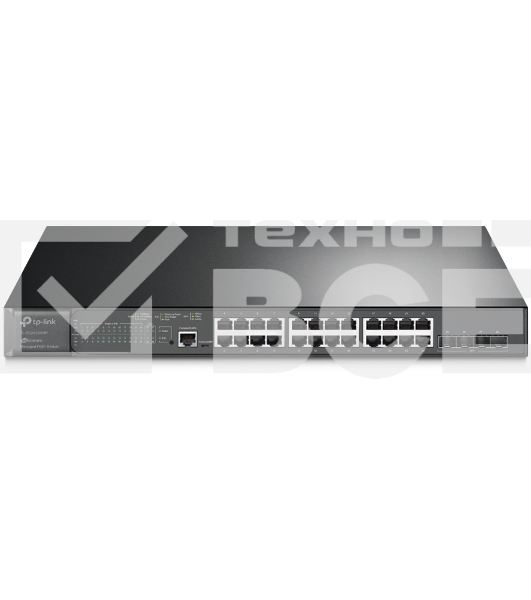 Коммутатор TP-Link 24-port Gigabit Managed PoE switch with 4 10G SFP+ ports, support 802.3af/at PoE, 1 console port, 19-inch rack mount, support L2/L2+ features.