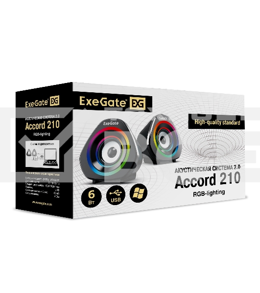 Акустическая система 2.0 ExeGate EX289680RUS Accord 210 (питание USB, 2х3Вт (6Вт RMS), 60-20000Гц, цвет черный, RGB подсветка)