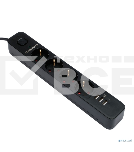 Сетевой фильтр Гарнизон 2.0 Мультипорт EPS-4-U3-B-2, 4 р, 10А, 3xUSB, 2м, ур.защиты 2+, черный, пакет
