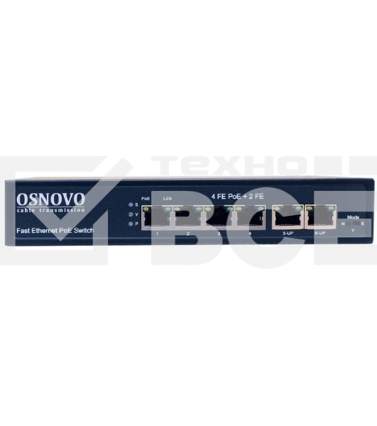 Коммутатор OSNOVO SW-20600(80W) PoE коммутатор 6 портов, 4 PoE порта 10/100 Base-T, 2*10/100 Base-T Uplink, до 30W на порт, суммарно до 80W