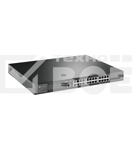 Коммутатор TP-Link 24-port Gigabit Managed PoE switch with 4 10G SFP+ ports, support 802.3af/at PoE, 1 console port, 19-inch rack mount, support L2/L2+ features.