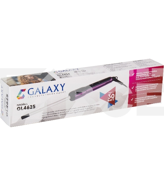 Плойка Galaxy Line GL 4625, фиолетовый, 30 Вт, макс темп. 200ºС, диаметр нагревательного элемента 10 мм, керам. покрытие рабочей поверхности, термоизолированный наконечник, петля для подвешивания, индикатор работы, вращающийся на 360° шнур питания