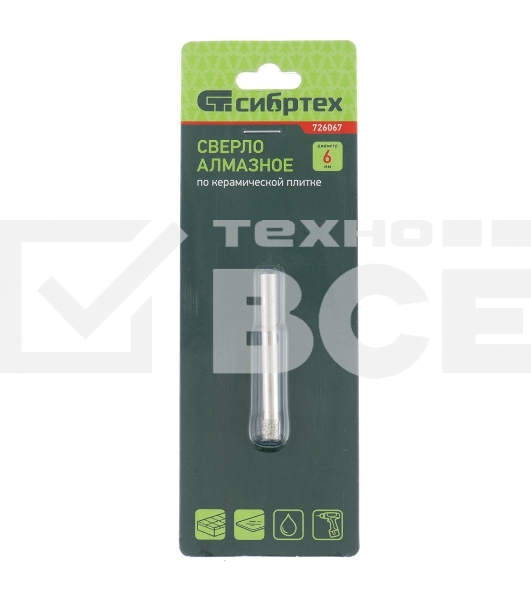 Сверло по стеклу и керамической плитке Сибртех 6 х 55 мм, цилиндр. хв
