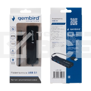 Разветвитель USB3.1 Gembird UHB-C415, 2хUSB, 2хType-C, с доп.питанием (порт Type-C), кабель USB 19см