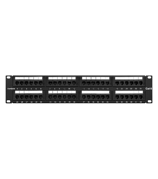 Патч-панель UTP 19' 48 port кат.6 ExeGate разъем KRONE&110 (dual IDC), 2U, RoHS, черный