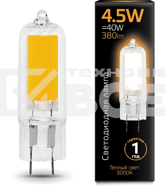 Лампа cветодиодная Gauss LED G4 AC220-240V 4.5W 3000K Glass 1/10/200
