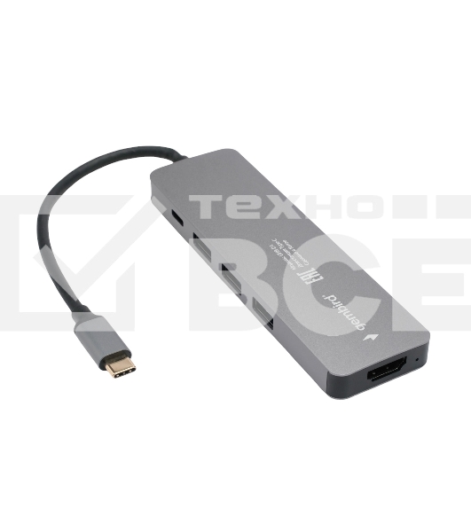 Док-станция Type-C Gembird UHB-D1, 5в1: 3хUSB3.1, Type-C PD100W, HDMI, кабель 17см, алюминий