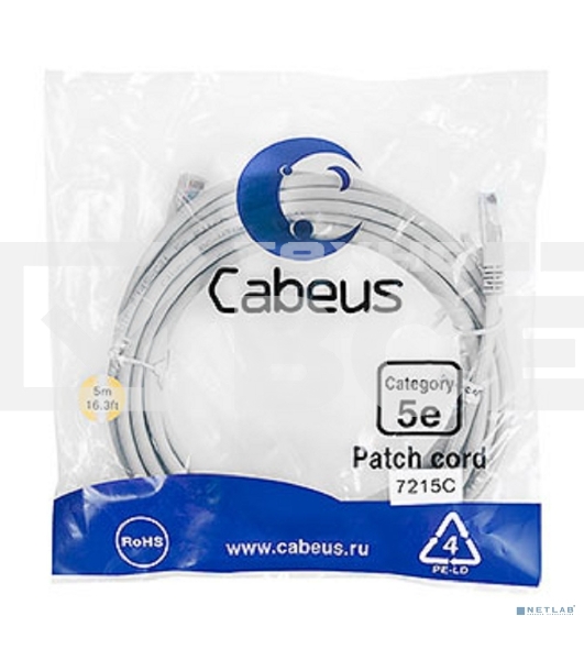 Патч-корд Cabeus PC-UTP-RJ45-Cat.5e-5m U/UTP, cat.5е, 2xRJ45/8p8c, неэкранированный, серый, PVC, 5м