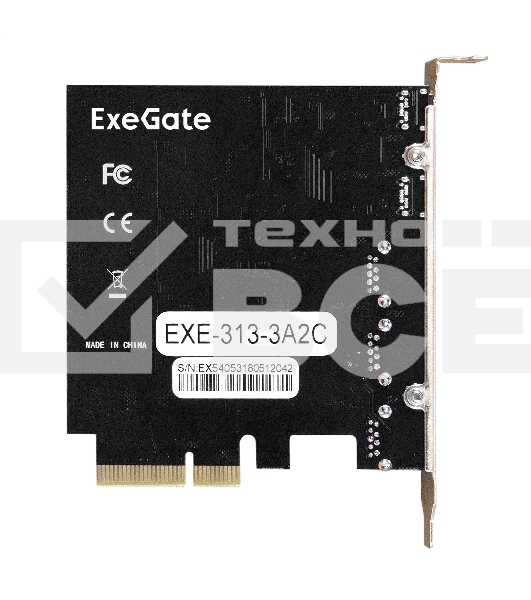 Контроллер ExeGate EXE-313-3A2C (PCI-E x4 v3.0, USB3.2 Gen2 3xType-A + 2xType-C ext., SuperSpeed+ скорость до 10 Гбит/с, разъем доп.питания, ASMedia Chipset ASM3142)