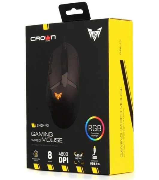 Мышь проводная Crown CMGM-901 черный, 4800 dpi, USB, кнопки - 8