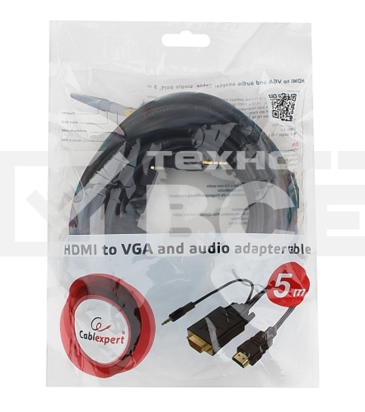 Кабель HDMI->VGA Cablexpert A-HDMI-VGA-03-5M, 19M/15M + 3.5Jack, медь, позол.разъемы, 5м, черный, пакет