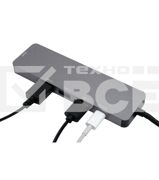 Док-станция Type-C Gembird UHB-D1, 5в1: 3хUSB3.1, Type-C PD100W, HDMI, кабель 17см, алюминий