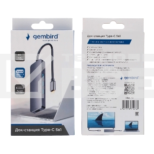 Док-станция Type-C Gembird UHB-D1, 5в1: 3хUSB3.1, Type-C PD100W, HDMI, кабель 17см, алюминий