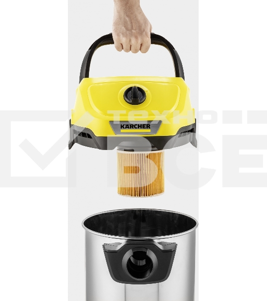 Строительный пылесос Karcher WD 3 S V-17/4/20 желтый, 1000 Вт, уборка сухая/сбор воды, пылесборник мешок/контейнер, 17 л