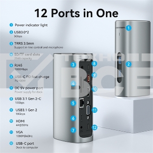 Док-станция Vention USB-C to HDMI/VGA/USB 3.1 Gen 2/USB 3.1 Gen 2-C/USB 3.0x2/RJ45/SD/TF/TRRS 3.5mm/PD/DC Docking Station Gray Vertical Aluminum Alloy Type EU Standard