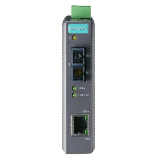 Промышленный конвертер MOXA Ethernet 10/100BaseTX в 100BaseFX (многомодовое оптоволокно, разъем ST, 1300 нм), в пластиковом корпусе, -10...+60С