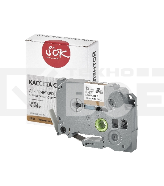 Кассета с лентой S'OK by Sakura Printing TZE831 для Brother, черный на золотом, 12мм/8м, наклейка