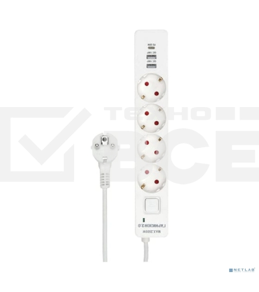 Сетевой фильтр Гарнизон EPS-OP-4-CU2-W-2 2.0 Мультипорт 4р, 10А, 1xType-C PD, 2 х USB QC, 4м, ур.защиты 4+, белый, пак(21449)