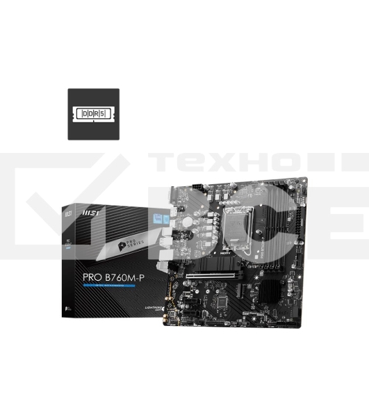 Материнская плата MSI PRO B760M-P DDR5, LGA 1700, Intel B760, 4xDDR5, 4xSATA, 2xM.2, 1xPCIe 4.0 x16, 2xPCIe 3.0 x1, 1xHDMI, 1xDP, 1xVGA, 1x1Gb LAN, 4xUSB-A 2.0, 1xUSB-A 3.2 Gen 1, 1xUSB-C 3.2 Gen 2, 3x3.5 мм, 7.1, mATX