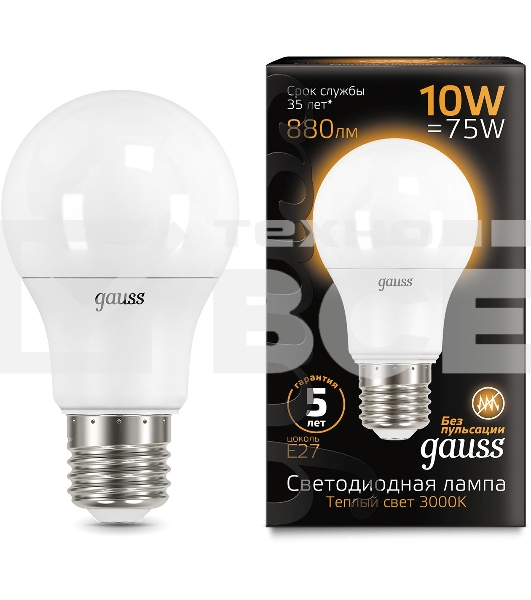 Лампа светодиодная Gauss A60 10Вт цок.:E27 шар 220B 3000K св.свеч.бел.теп. A60 (упак.:10шт) (102502110)
