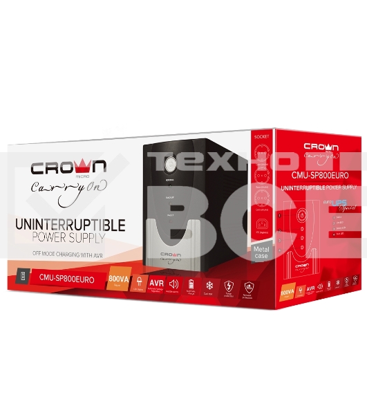 Источник бесперебойного питания CROWN ИБП CMU-SP800EURO {800VA, металл,1x12V/9AH, розетки 3*EURO+1*IEC bybas} CM000001492