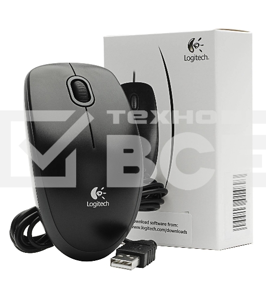 Мышь проводная Logitech B100 черный, 1000 dpi, USB, кнопки - 3