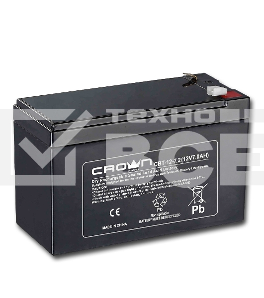 Батарея CROWN CBT-12-7.2 (напряжение 12В, емкость 7.2 А/Ч, разм 151х65х100 мм, вес 2,1 кг, тип клеммы - F2, 5 лет)