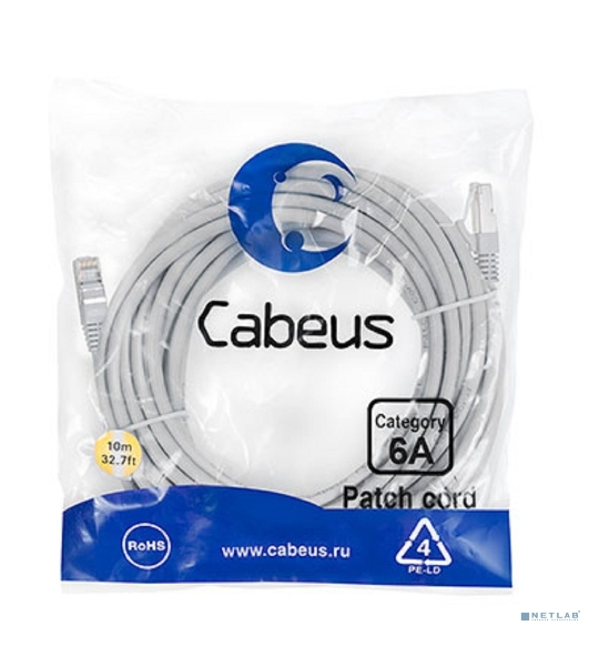 Шнур комм. Cabeus, кат. 6A, экр., S/FTP, RJ45/RJ45, LSZH, AWG26 10м, серый